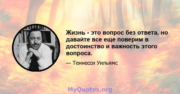 Жизнь - это вопрос без ответа, но давайте все еще поверим в достоинство и важность этого вопроса.