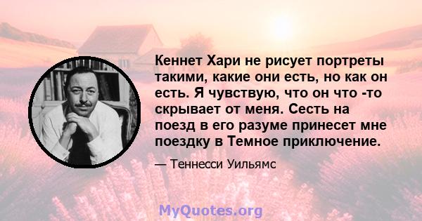 Кеннет Хари не рисует портреты такими, какие они есть, но как он есть. Я чувствую, что он что -то скрывает от меня. Сесть на поезд в его разуме принесет мне поездку в Темное приключение.