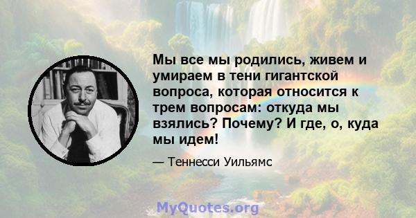 Мы все мы родились, живем и умираем в тени гигантской вопроса, которая относится к трем вопросам: откуда мы взялись? Почему? И где, о, куда мы идем!