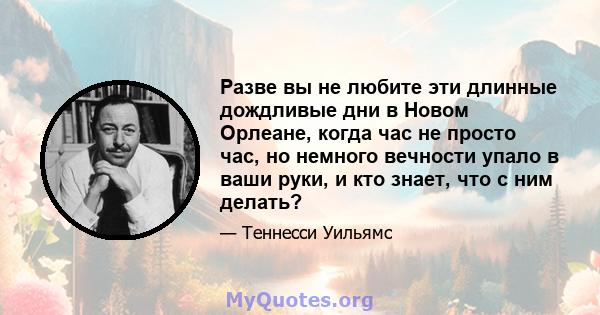 Разве вы не любите эти длинные дождливые дни в Новом Орлеане, когда час не просто час, но немного вечности упало в ваши руки, и кто знает, что с ним делать?