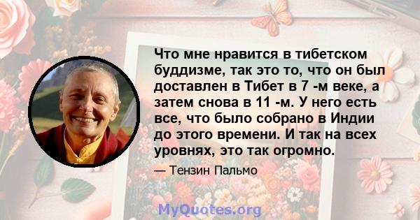 Что мне нравится в тибетском буддизме, так это то, что он был доставлен в Тибет в 7 -м веке, а затем снова в 11 -м. У него есть все, что было собрано в Индии до этого времени. И так на всех уровнях, это так огромно.