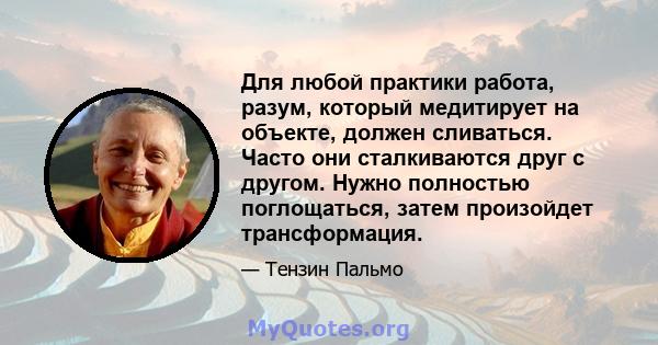 Для любой практики работа, разум, который медитирует на объекте, должен сливаться. Часто они сталкиваются друг с другом. Нужно полностью поглощаться, затем произойдет трансформация.