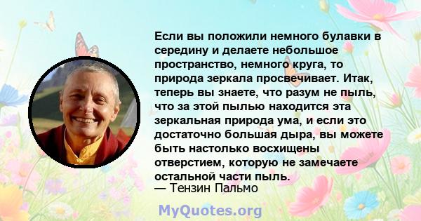 Если вы положили немного булавки в середину и делаете небольшое пространство, немного круга, то природа зеркала просвечивает. Итак, теперь вы знаете, что разум не пыль, что за этой пылью находится эта зеркальная природа 