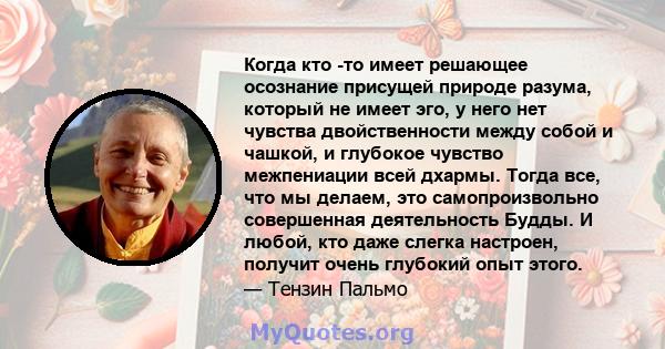 Когда кто -то имеет решающее осознание присущей природе разума, который не имеет эго, у него нет чувства двойственности между собой и чашкой, и глубокое чувство межпениации всей дхармы. Тогда все, что мы делаем, это