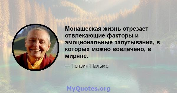 Монашеская жизнь отрезает отвлекающие факторы и эмоциональные запутывания, в которых можно вовлечено, в миряне.