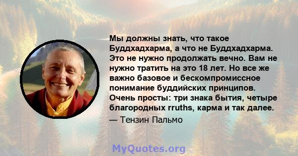 Мы должны знать, что такое Буддхадхарма, а что не Буддхадхарма. Это не нужно продолжать вечно. Вам не нужно тратить на это 18 лет. Но все же важно базовое и бескомпромиссное понимание буддийских принципов. Очень просты: 