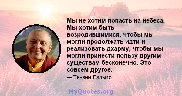 Мы не хотим попасть на небеса. Мы хотим быть возродившимися, чтобы мы могли продолжать идти и реализовать дхарму, чтобы мы могли принести пользу другим существам бесконечно. Это совсем другое.