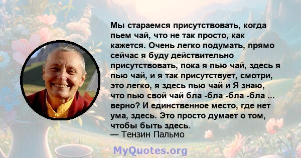 Мы стараемся присутствовать, когда пьем чай, что не так просто, как кажется. Очень легко подумать, прямо сейчас я буду действительно присутствовать, пока я пью чай, здесь я пью чай, и я так присутствует, смотри, это