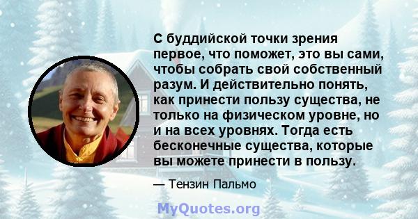 С буддийской точки зрения первое, что поможет, это вы сами, чтобы собрать свой собственный разум. И действительно понять, как принести пользу существа, не только на физическом уровне, но и на всех уровнях. Тогда есть