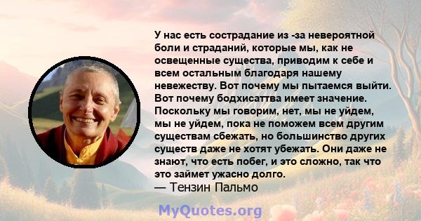 У нас есть сострадание из -за невероятной боли и страданий, которые мы, как не освещенные существа, приводим к себе и всем остальным благодаря нашему невежеству. Вот почему мы пытаемся выйти. Вот почему бодхисаттва