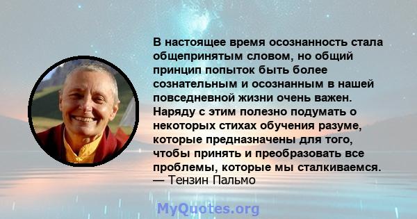 В настоящее время осознанность стала общепринятым словом, но общий принцип попыток быть более сознательным и осознанным в нашей повседневной жизни очень важен. Наряду с этим полезно подумать о некоторых стихах обучения