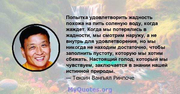 Попытка удовлетворить жадность похожа на пить соленую воду, когда жаждет. Когда мы потерялись в жадности, мы смотрим наружу, а не внутрь для удовлетворения, но мы никогда не находим достаточно, чтобы заполнить пустоту,