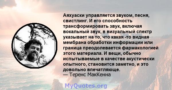 Аяхуаски управляется звуком, песня, свистлинг. И его способность трансформировать звук, включая вокальный звук, в визуальный спектр указывает на то, что какая -то видная мембрана обработки информации или граница