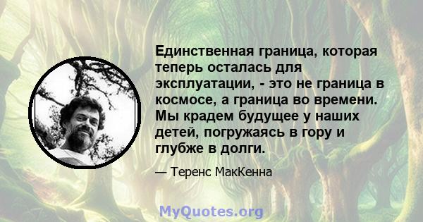 Единственная граница, которая теперь осталась для эксплуатации, - это не граница в космосе, а граница во времени. Мы крадем будущее у наших детей, погружаясь в гору и глубже в долги.