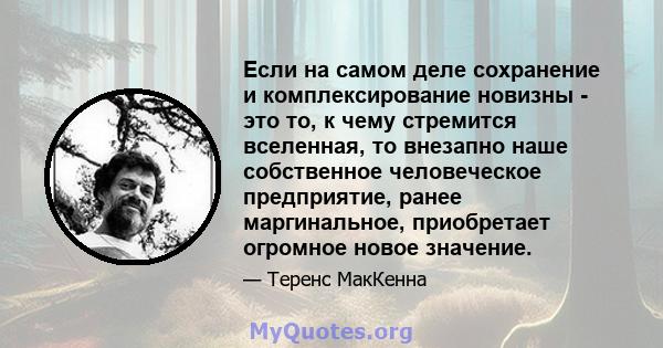 Если на самом деле сохранение и комплексирование новизны - это то, к чему стремится вселенная, то внезапно наше собственное человеческое предприятие, ранее маргинальное, приобретает огромное новое значение.