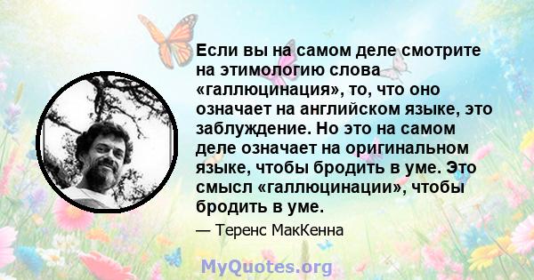 Если вы на самом деле смотрите на этимологию слова «галлюцинация», то, что оно означает на английском языке, это заблуждение. Но это на самом деле означает на оригинальном языке, чтобы бродить в уме. Это смысл