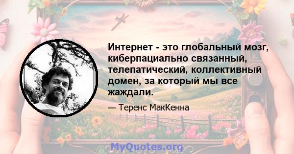 Интернет - это глобальный мозг, киберпациально связанный, телепатический, коллективный домен, за который мы все жаждали.