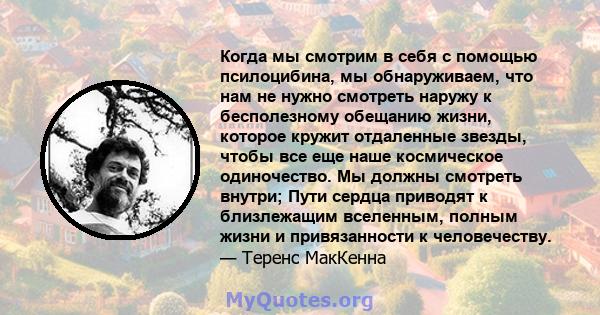 Когда мы смотрим в себя с помощью псилоцибина, мы обнаруживаем, что нам не нужно смотреть наружу к бесполезному обещанию жизни, которое кружит отдаленные звезды, чтобы все еще наше космическое одиночество. Мы должны