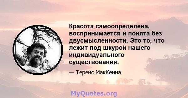 Красота самоопределена, воспринимается и понята без двусмысленности. Это то, что лежит под шкурой нашего индивидуального существования.