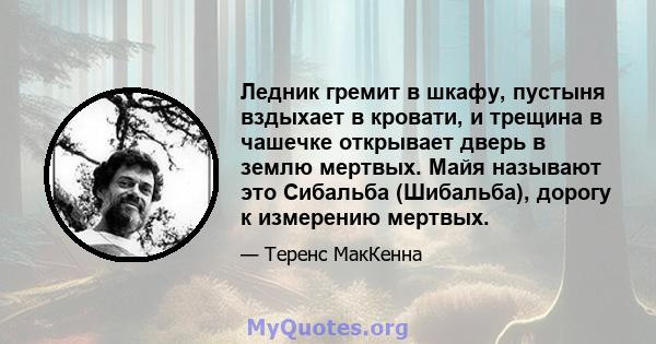 Ледник гремит в шкафу, пустыня вздыхает в кровати, и трещина в чашечке открывает дверь в землю мертвых. Майя называют это Сибальба (Шибальба), дорогу к измерению мертвых.