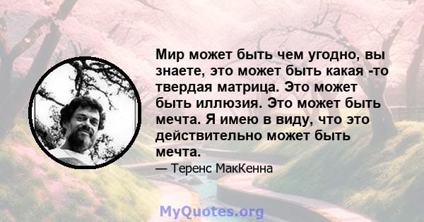 Мир может быть чем угодно, вы знаете, это может быть какая -то твердая матрица. Это может быть иллюзия. Это может быть мечта. Я имею в виду, что это действительно может быть мечта.