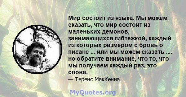 Мир состоит из языка. Мы можем сказать, что мир состоит из маленьких демонов, занимающихся гибтежкой, каждый из которых размером с бровь о писане ... или мы можем сказать .... но обратите внимание, что то, что мы