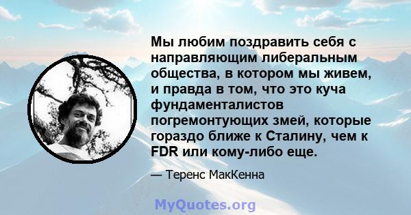 Мы любим поздравить себя с направляющим либеральным общества, в котором мы живем, и правда в том, что это куча фундаменталистов погремонтующих змей, которые гораздо ближе к Сталину, чем к FDR или кому-либо еще.