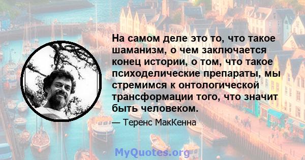 На самом деле это то, что такое шаманизм, о чем заключается конец истории, о том, что такое психоделические препараты, мы стремимся к онтологической трансформации того, что значит быть человеком.