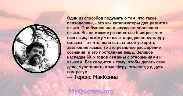 Один из способов подумать о том, что такое психоделики, - это как катализаторы для развития языка. Они буквально вынуждают эволюцию языка. Вы не можете развиваться быстрее, чем ваш язык, потому что язык определяет