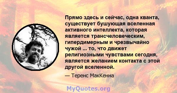 Прямо здесь и сейчас, одна кванта, существует бушующая вселенная активного интеллекта, которая является трансчеловеческим, гипердимерным и чрезвычайно чужой ... то, что движет религиозными чувствами сегодня, является