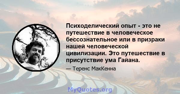 Психоделический опыт - это не путешествие в человеческое бессознательное или в призраки нашей человеческой цивилизации. Это путешествие в присутствие ума Гайана.