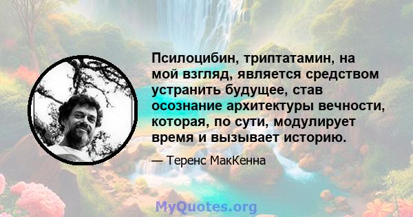 Псилоцибин, триптатамин, на мой взгляд, является средством устранить будущее, став осознание архитектуры вечности, которая, по сути, модулирует время и вызывает историю.