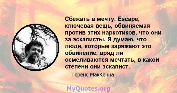 Сбежать в мечту. Escape, ключевая вещь, обвиняемая против этих наркотиков, что они за эскаписты. Я думаю, что люди, которые заряжают это обвинение, вряд ли осмеливаются мечтать, в какой степени они эскапист.