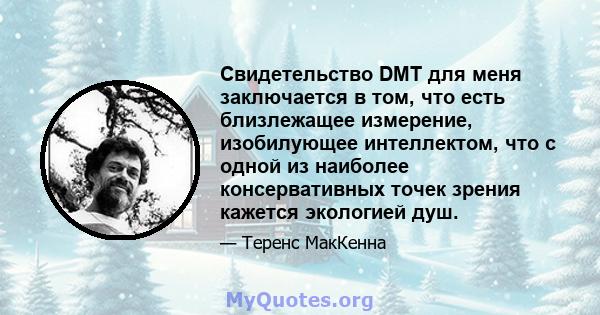 Свидетельство DMT для меня заключается в том, что есть близлежащее измерение, изобилующее интеллектом, что с одной из наиболее консервативных точек зрения кажется экологией душ.