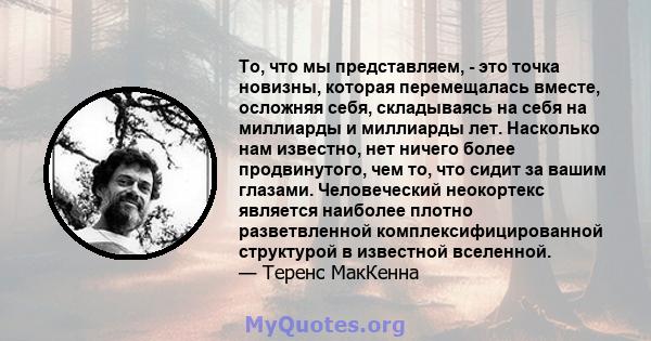 То, что мы представляем, - это точка новизны, которая перемещалась вместе, осложняя себя, складываясь на себя на миллиарды и миллиарды лет. Насколько нам известно, нет ничего более продвинутого, чем то, что сидит за