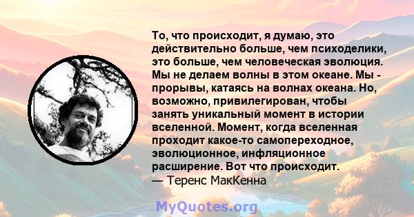 То, что происходит, я думаю, это действительно больше, чем психоделики, это больше, чем человеческая эволюция. Мы не делаем волны в этом океане. Мы - прорывы, катаясь на волнах океана. Но, возможно, привилегирован,