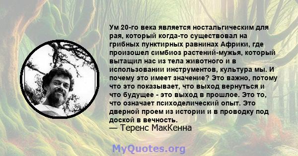 Ум 20-го века является ностальгическим для рая, который когда-то существовал на грибных пунктирных равнинах Африки, где произошел симбиоз растений-мужья, который вытащил нас из тела животного и в использовании