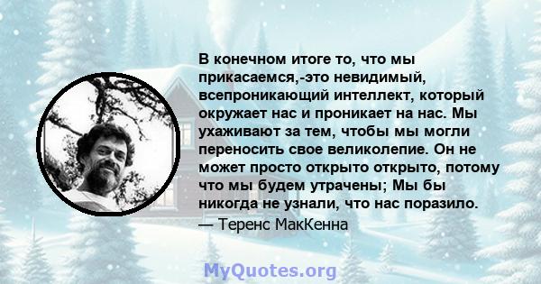 В конечном итоге то, что мы прикасаемся,-это невидимый, всепроникающий интеллект, который окружает нас и проникает на нас. Мы ухаживают за тем, чтобы мы могли переносить свое великолепие. Он не может просто открыто