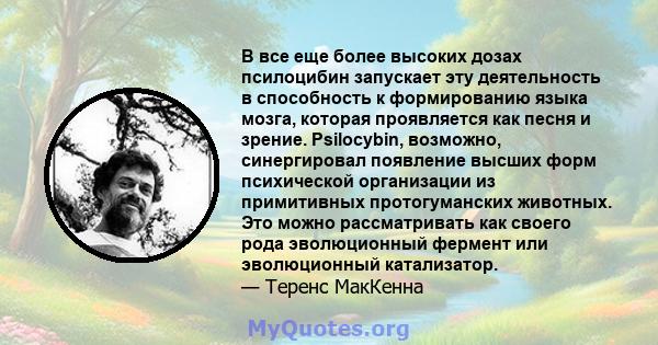 В все еще более высоких дозах псилоцибин запускает эту деятельность в способность к формированию языка мозга, которая проявляется как песня и зрение. Psilocybin, возможно, синергировал появление высших форм психической