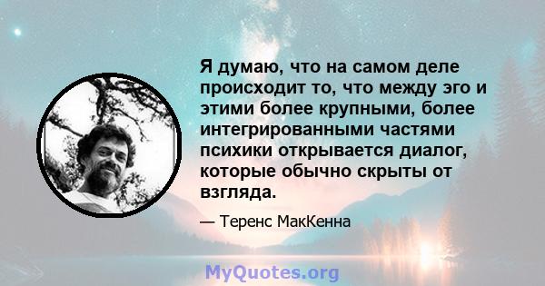 Я думаю, что на самом деле происходит то, что между эго и этими более крупными, более интегрированными частями психики открывается диалог, которые обычно скрыты от взгляда.