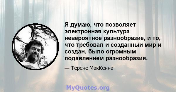 Я думаю, что позволяет электронная культура невероятное разнообразие, и то, что требовал и созданный мир и создан, было огромным подавлением разнообразия.