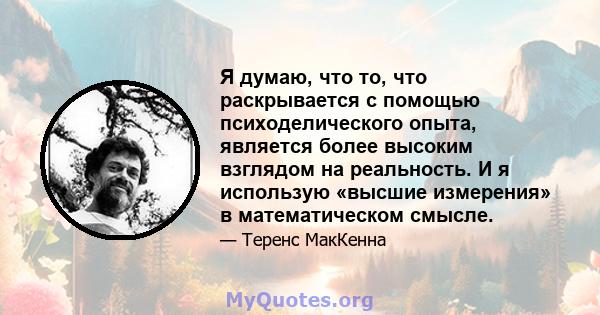 Я думаю, что то, что раскрывается с помощью психоделического опыта, является более высоким взглядом на реальность. И я использую «высшие измерения» в математическом смысле.