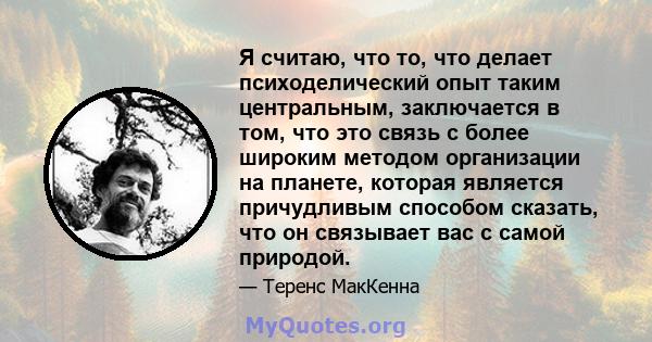 Я считаю, что то, что делает психоделический опыт таким центральным, заключается в том, что это связь с более широким методом организации на планете, которая является причудливым способом сказать, что он связывает вас с 