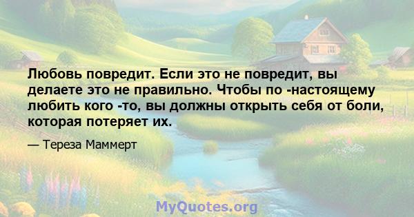 Любовь повредит. Если это не повредит, вы делаете это не правильно. Чтобы по -настоящему любить кого -то, вы должны открыть себя от боли, которая потеряет их.