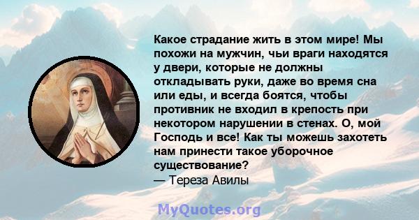 Какое страдание жить в этом мире! Мы похожи на мужчин, чьи враги находятся у двери, которые не должны откладывать руки, даже во время сна или еды, и всегда боятся, чтобы противник не входил в крепость при некотором