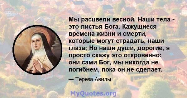 Мы расцвели весной. Наши тела - это листья Бога. Кажущиеся времена жизни и смерти, которые могут страдать, наши глаза; Но наши души, дорогие, я просто скажу это откровенно: они сами Бог, мы никогда не погибнем, пока он