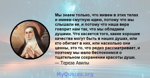 Мы знаем только, что живем в этих телах и имеем смутную идею, потому что мы слышали ее, и потому что наша вера говорит нам так, что мы обладаем душами. Что касается того, какие хорошие качества могут быть в наших душах, 