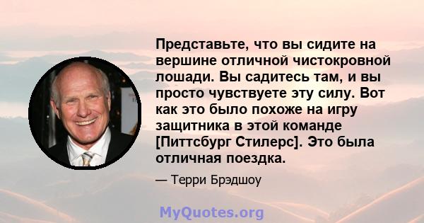 Представьте, что вы сидите на вершине отличной чистокровной лошади. Вы садитесь там, и вы просто чувствуете эту силу. Вот как это было похоже на игру защитника в этой команде [Питтсбург Стилерс]. Это была отличная