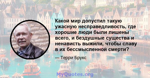 Какой мир допустил такую ​​ужасную несправедливость, где хорошие люди были лишены всего, и бездушные существа и ненависть выжили, чтобы славу в их бессмысленной смерти?