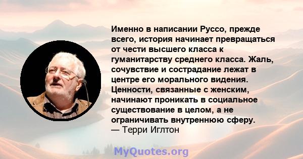 Именно в написании Руссо, прежде всего, история начинает превращаться от чести высшего класса к гуманитарству среднего класса. Жаль, сочувствие и сострадание лежат в центре его морального видения. Ценности, связанные с